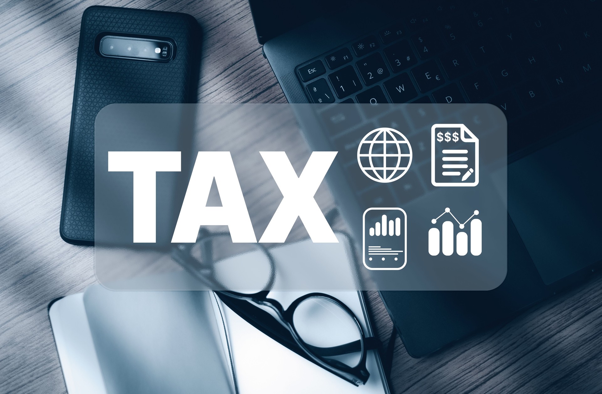 Desktop view in blue tones with TAX form icons.